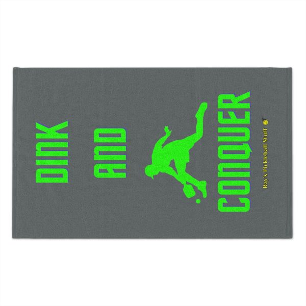 'Dink And Conquer' Dark Grey Rally Towel, 11x18 With Green Text