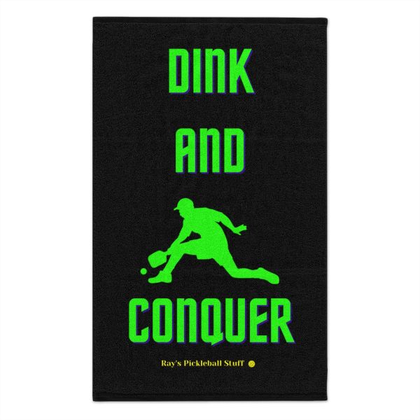 72114-20.jpg 'Dink And Conquer' Black Rally Towel, 11x18 With Green Text
