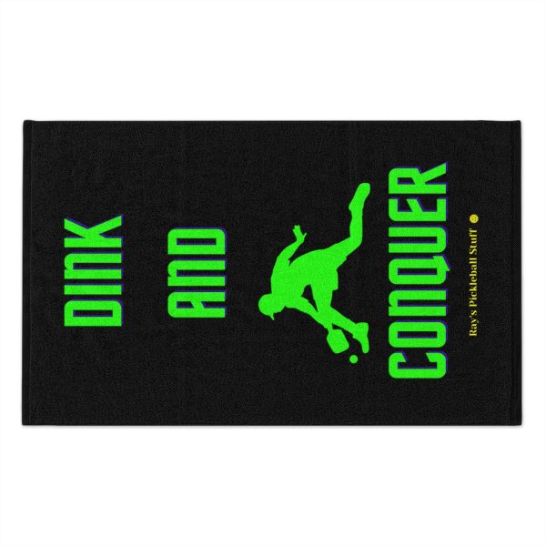72114-21.jpg 'Dink And Conquer' Black Rally Towel, 11x18 With Green Text