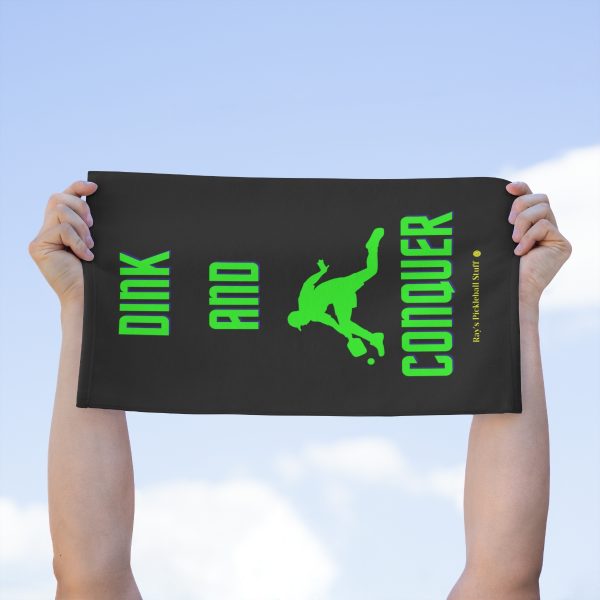 72114-22.jpg 'Dink And Conquer' Black Rally Towel, 11x18 With Green Text