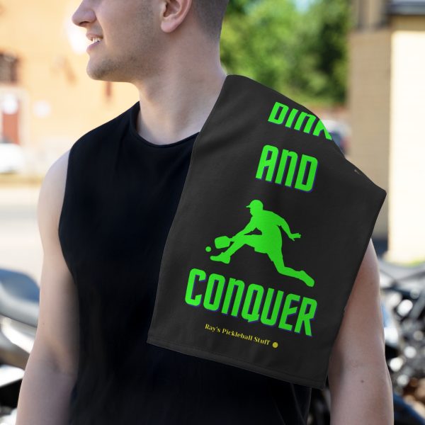 72114-23.jpg 'Dink And Conquer' Black Rally Towel, 11x18 With Green Text