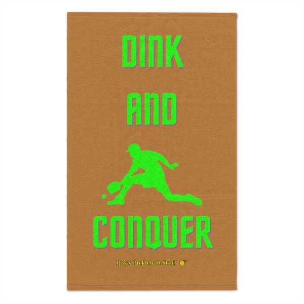 72114-40.jpg 'Dink And Conquer' Light Brown Rally Towel, 11x18 With Green Text