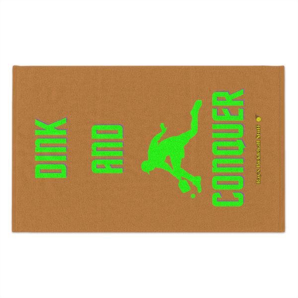 72114-41.jpg 'Dink And Conquer' Light Brown Rally Towel, 11x18 With Green Text