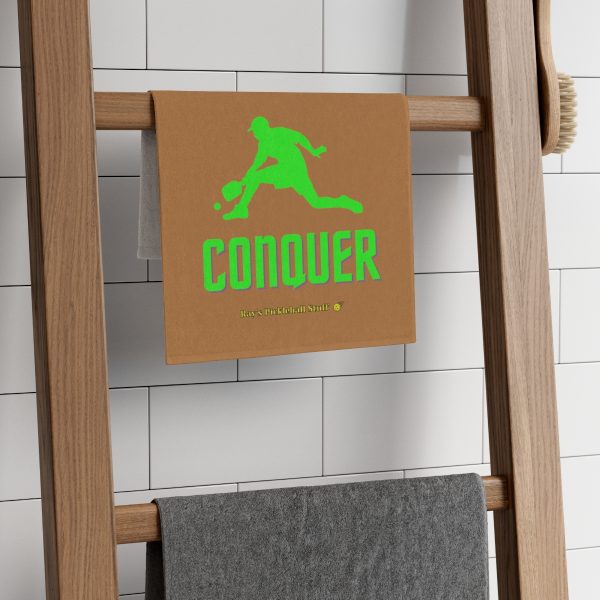 72114-44.jpg 'Dink And Conquer' Light Brown Rally Towel, 11x18 With Green Text