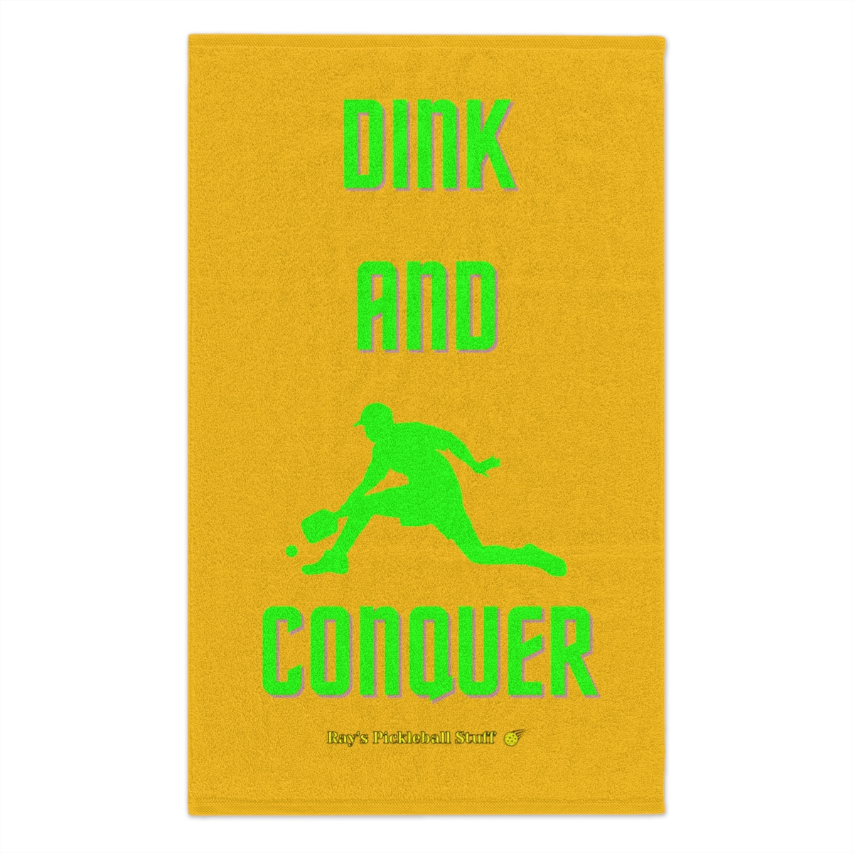 72114-55.jpg 'Dink And Conquer' Yellow Rally Towel, 11x18 With Green Text